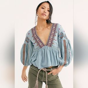 Free People Aria Embroidered Top XL Women's Boho Peasant